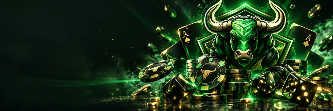 Banner Bullsbet com o touro verde da marca, fichas de cassino e cartas